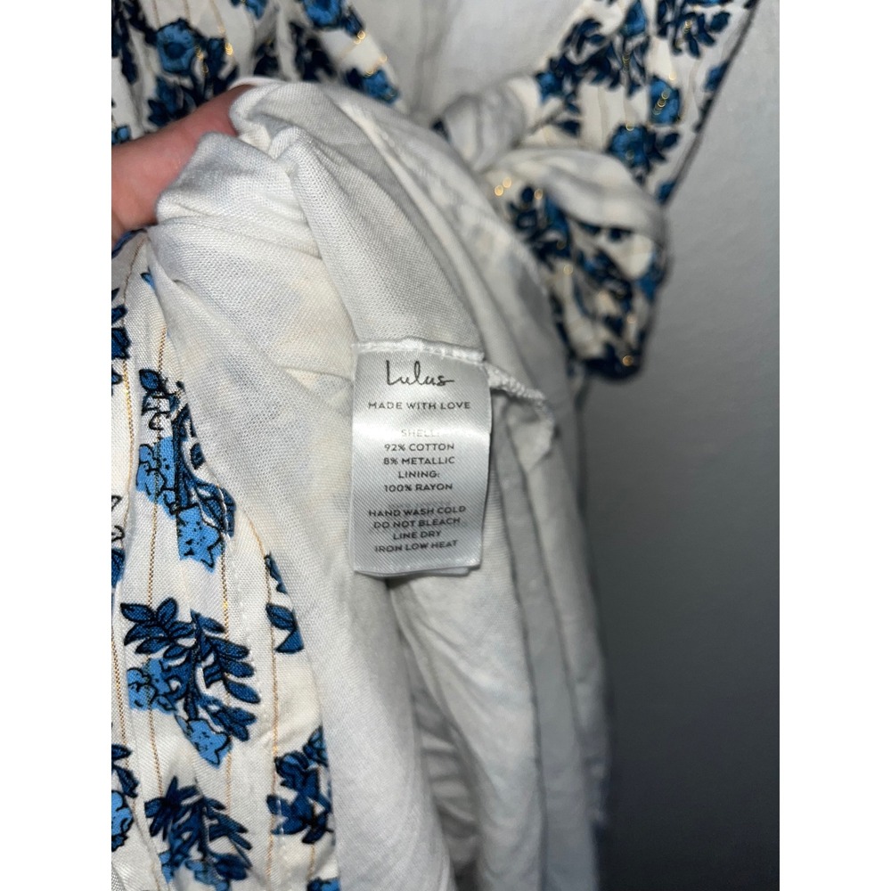 FLAW Lulus Flirty Fave Ivory Floral Print Tie-Back Midi Dress Sleeveless Blue LG - Picture 9 of 11